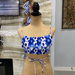 Zara floral blue and white crop top with tied open back.